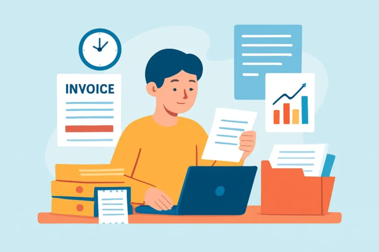 Illustration of freelancer organizing invoices, receipts, and financial records, representing the importance of bookkeeping for freelancers and startups
