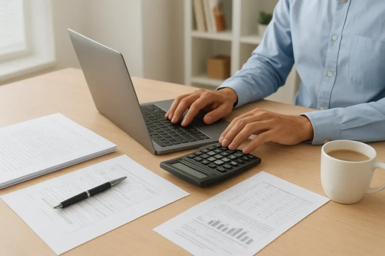 Freelancer working on laptop with tax documents and calculator, representing income tax rules for freelancers in India