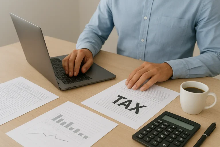 Freelancer calculating income tax with laptop and documents, symbolizing TDS rules for freelancers and professionals in India