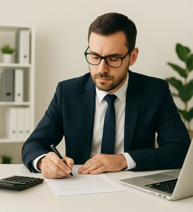 A professional tax consultant in a formal suit reviewing financial documents at his office desk with a laptop and calculator, representing expertise in tax planning, filing, and compliance. Team Taxperts- financial advisor kochi kerala