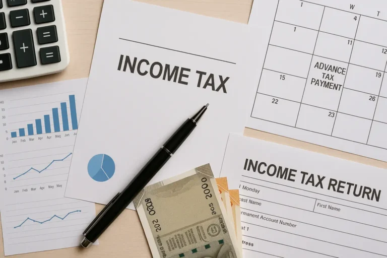 Concept image showing tax documents, calculator, Indian currency, and a calendar representing advance tax payments in India.