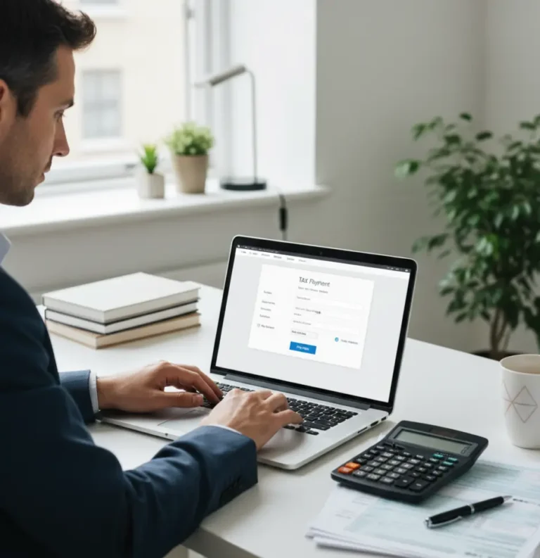 Person calculating self assessment tax online on laptop with financial documents and calculator on desk.