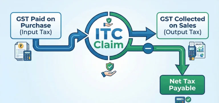 Diagram illustrating What is Input Tax Credit (ITC) in GST, showing the mechanism for offsetting input tax against output tax.